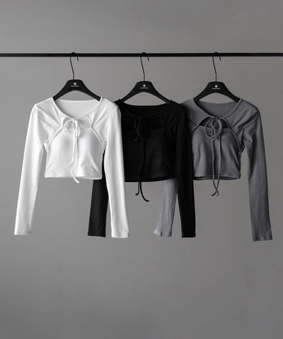 【 2WAY / 裏起毛 】フロントリボンカットアウトドッキングショートトップス / front ribbon cutout docking short tops