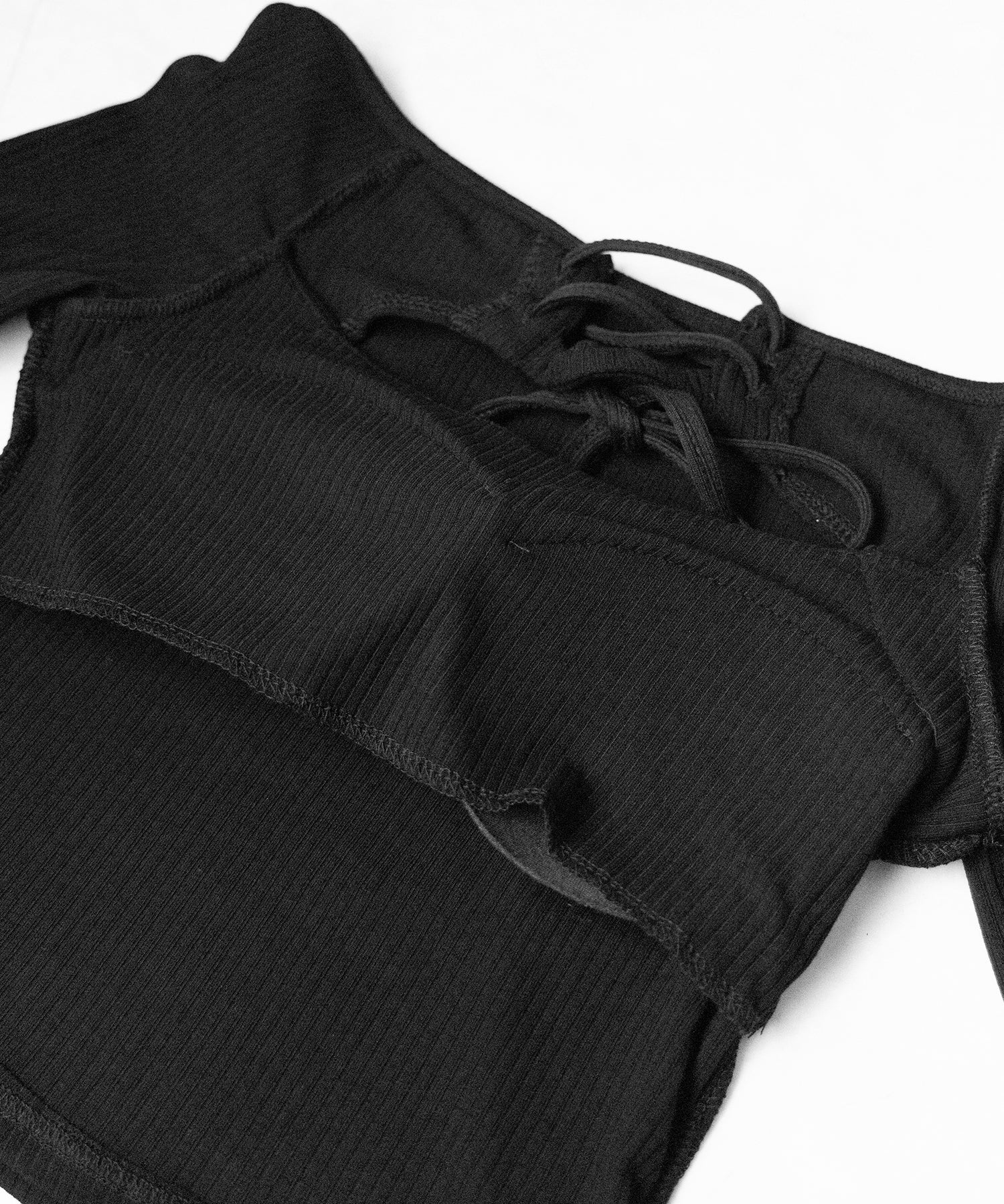 レースアップリボンカットアウトオフショルリブロンT / lace up ribbon cutout offshoulder ribbed long T-shirt