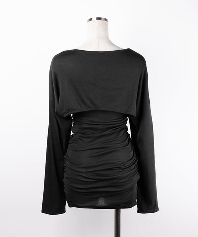 【 2点セット 】シャーリングタイトミニワンピ &フロントリボンショートカーディガン ワンホンセットアップ / shirring tight mini onepiece & front ribbon short cardigan wanghong setup