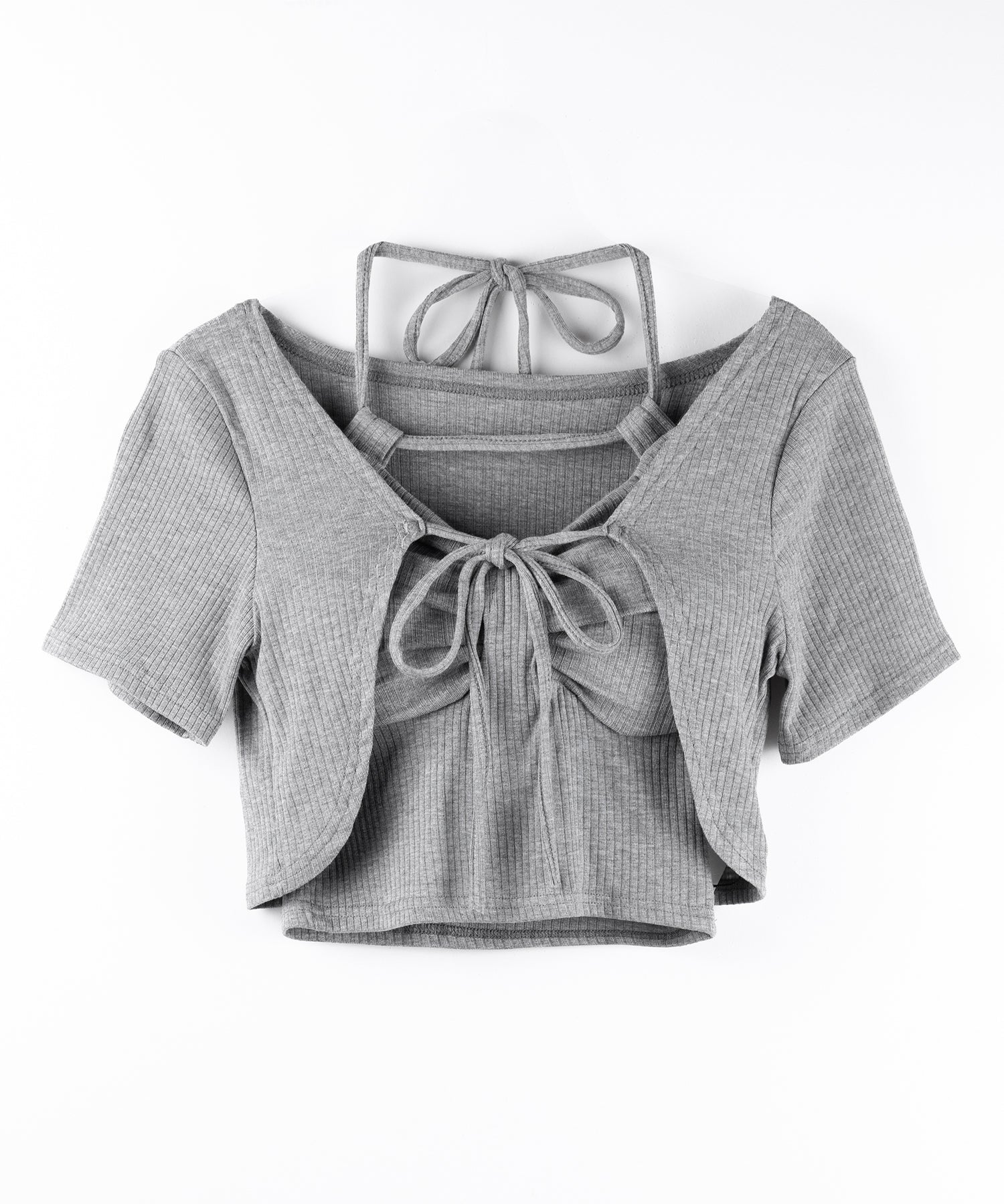 【 2点セット 】 2WAYストラップリブキャミソール + フロントリボンショートカーディガン SET / 2WAY strap lib camisole + front ribbon short cardigan