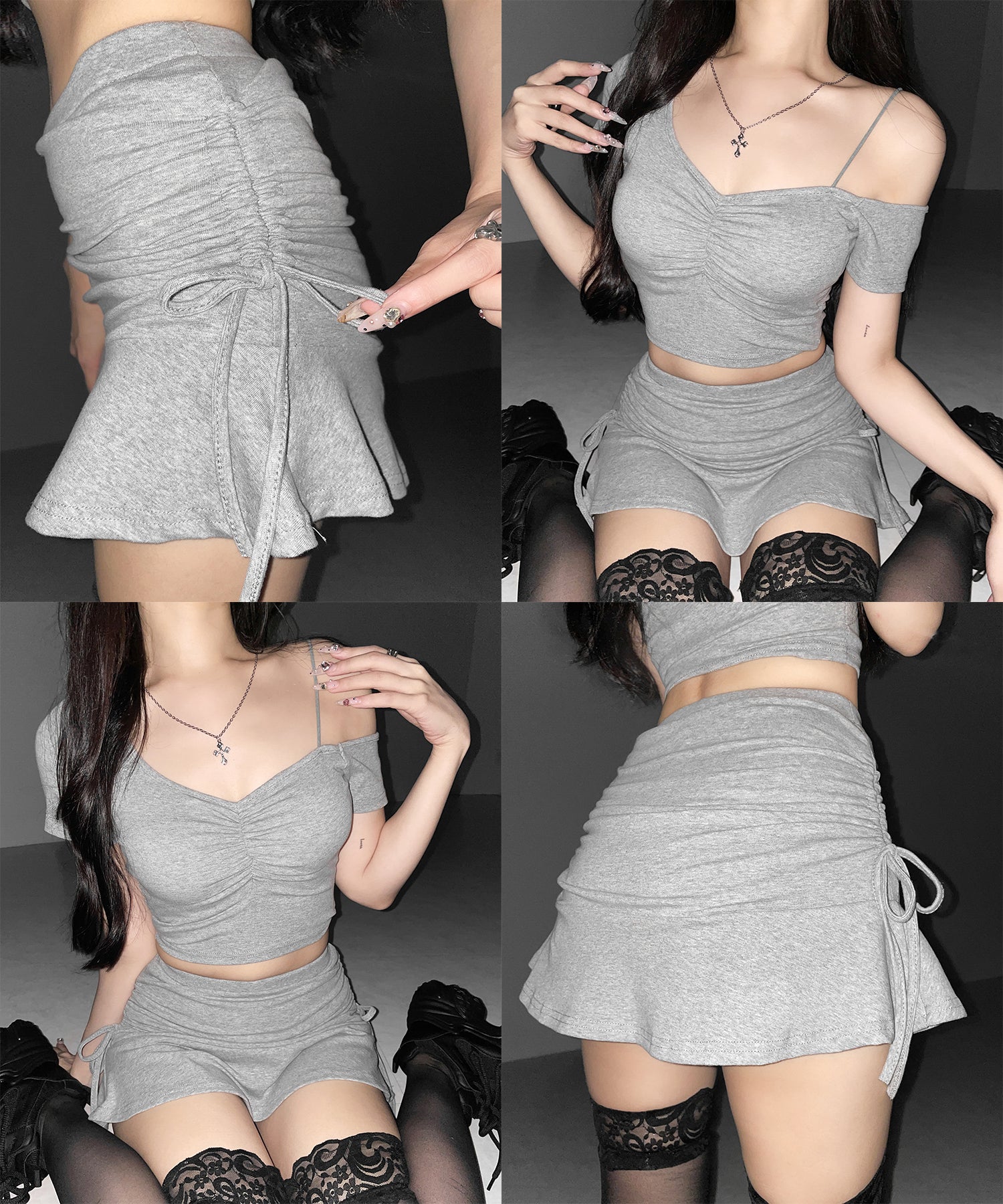 ワンショルギャザートップス + シャーリングリボンスカート SETUP / ( SETUP ) one shoulder gather tops + shirring ribbon skirt SET