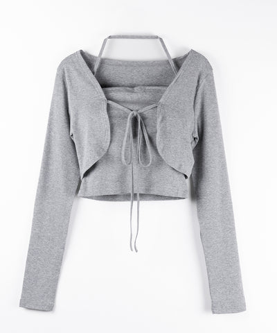 【 2点セット 】フロントリボン長袖ショートカーディガン+ ホルターキャミソール SET / front ribbon longsleeve short cardigan + halter camisole SET