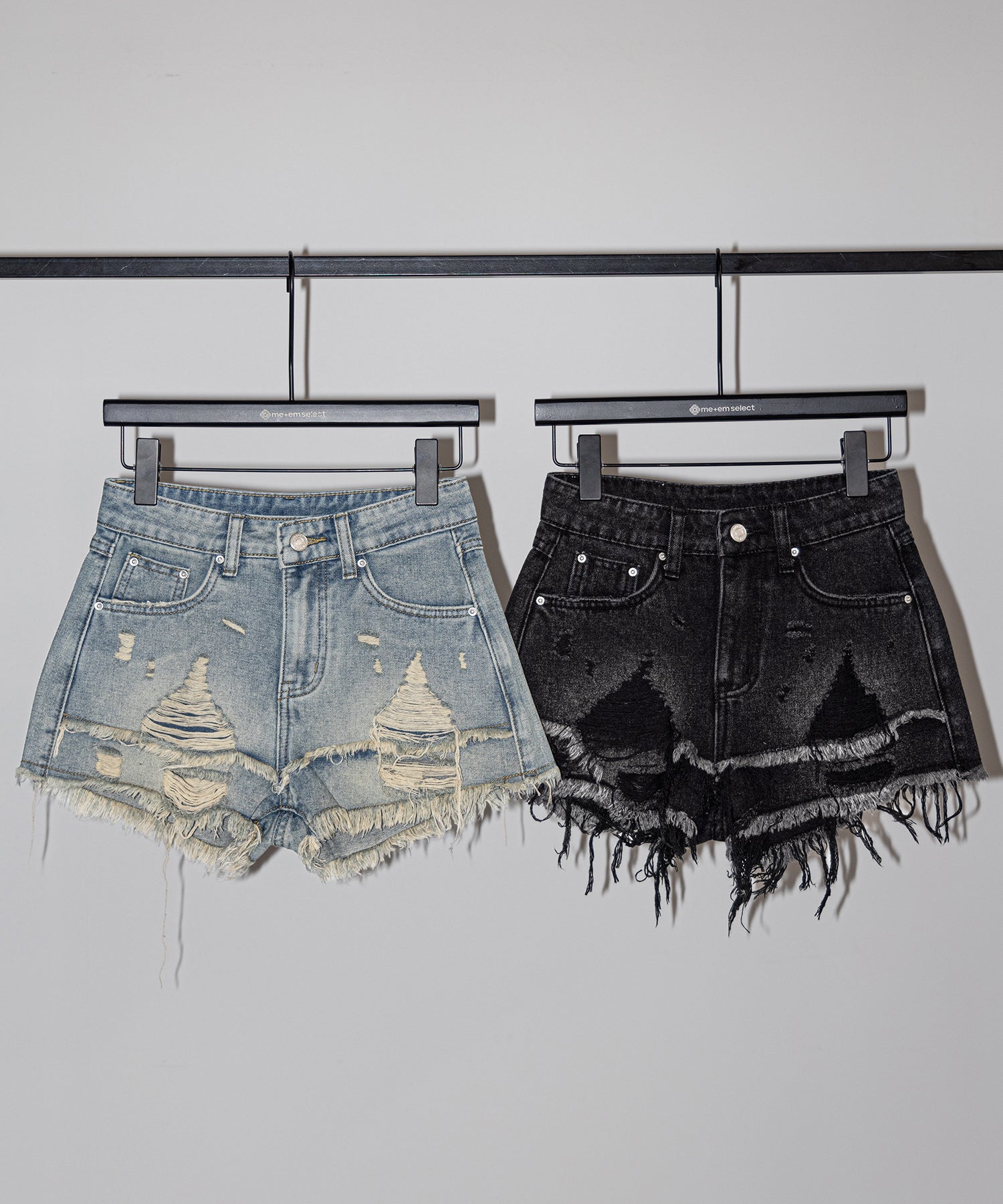 クラッシュダメージダブルフリンジデニムショートパンツ/crash damage double fringe denim short pants
