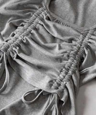 ダブルシャーリングリボンスクエアネックトップス / double shirring ribbon square neck tops