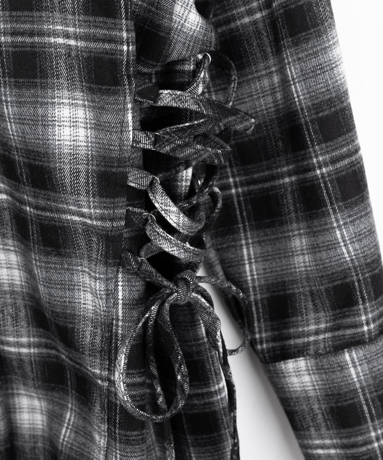 レースアップリボンスリムラインチェックネルシャツ / lace up ribbon slim line check flannel shirt