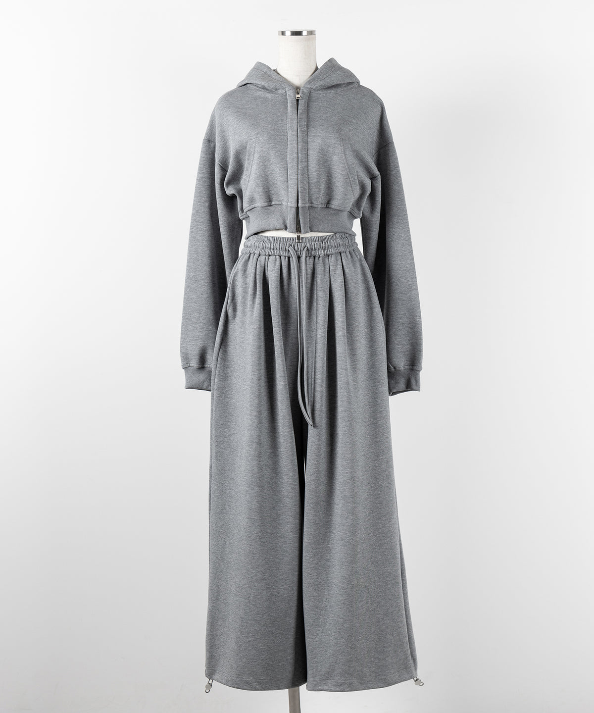 【 セットアップ 】ダブルジップショートパーカー + タックワイドスウェットパンツ SET / double zip short hoodie + tuck wide sweat pants SET