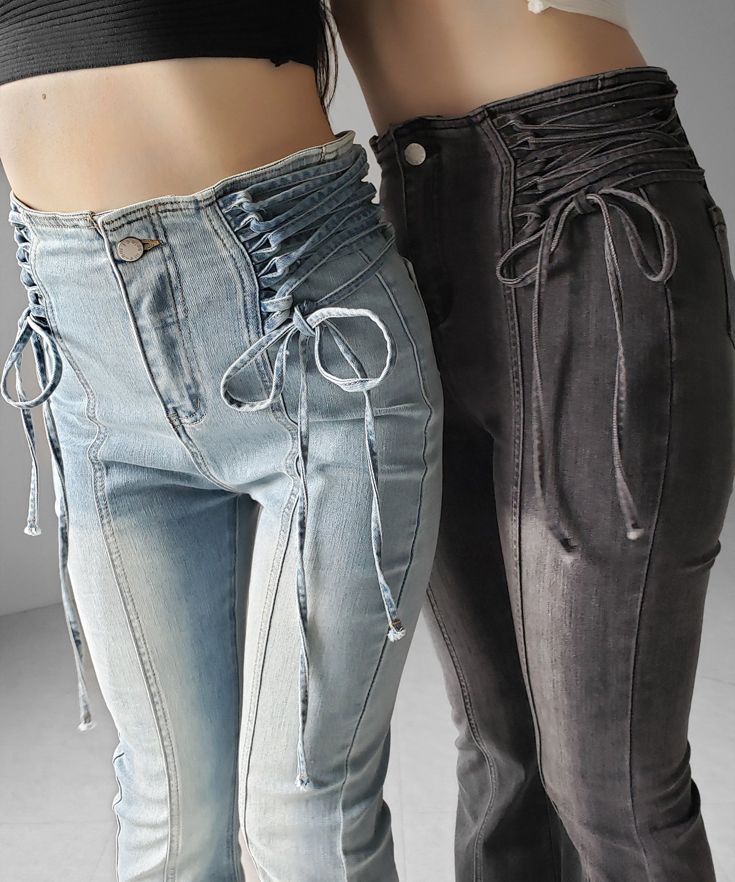 サイドレースアップリボン美脚ストレッチフレアデニム / side laceup ribbon slim leg stretch flare denim