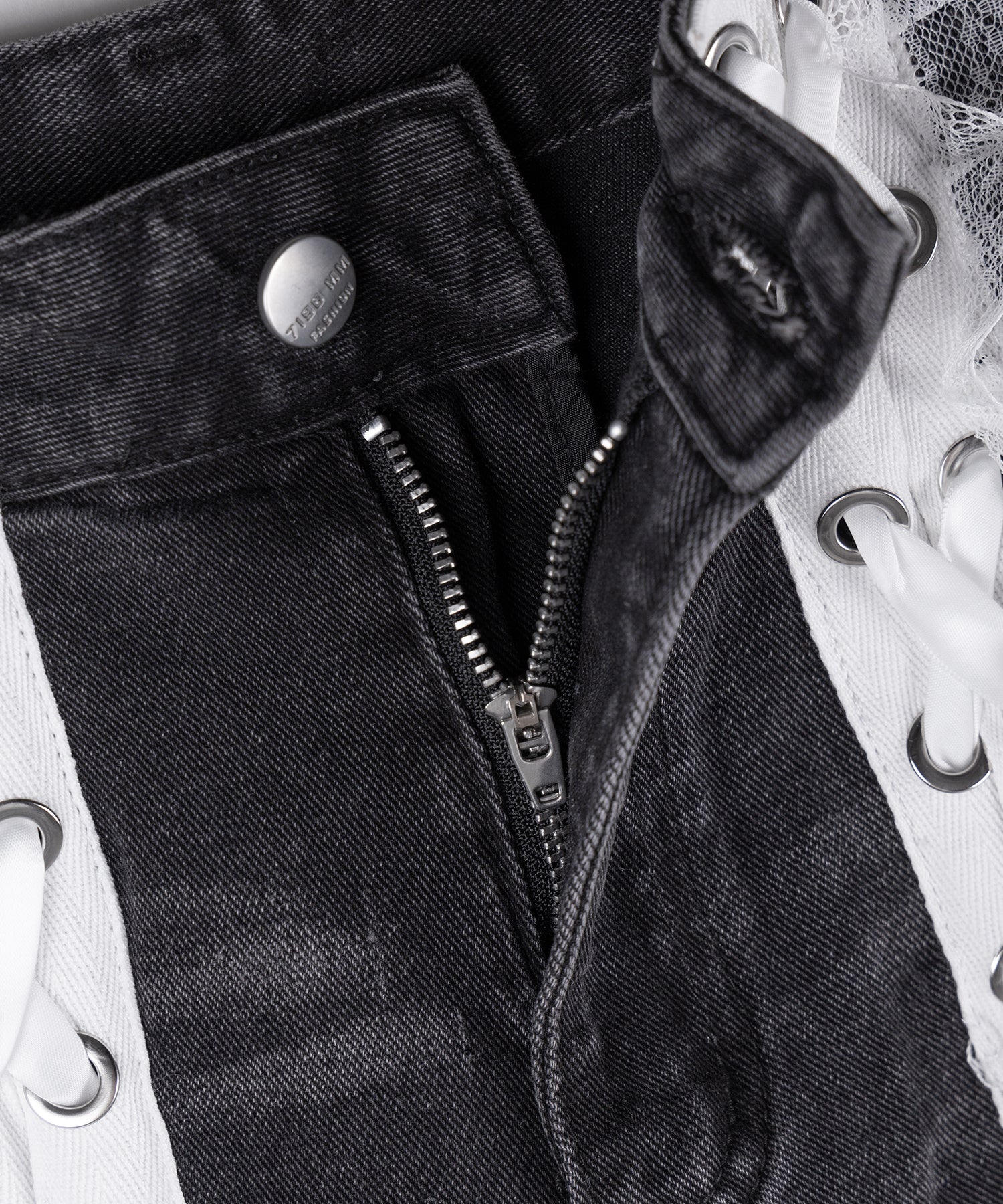 サテンリボンレースアップワイドデニムパンツ / satin ribbon lace up wide denim pants