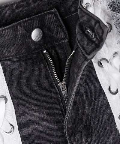 サテンリボンレースアップワイドデニムパンツ / satin ribbon lace up wide denim pants