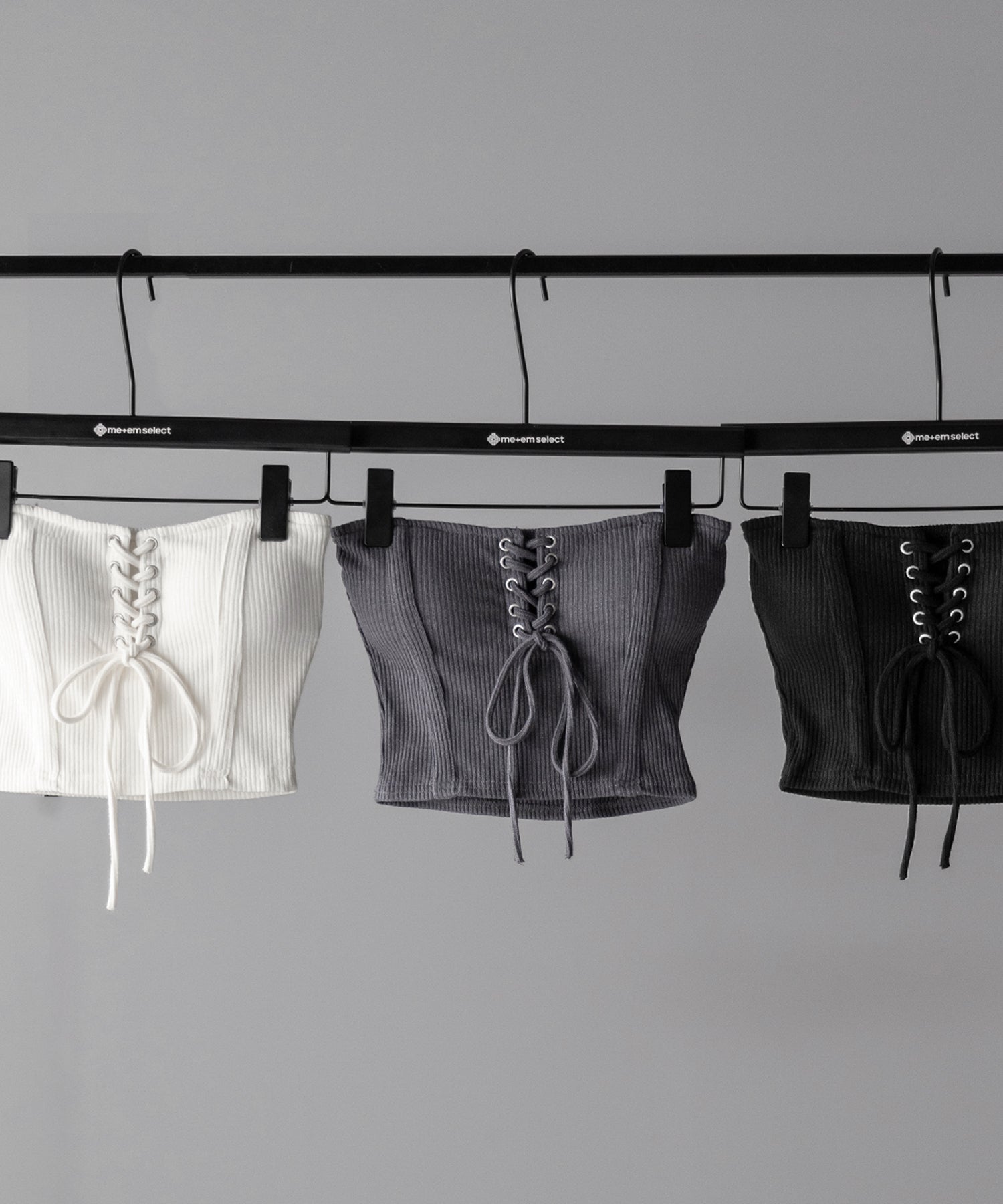 【カップ付き 】レースアップコルセットリボンショートリブベアトップ / laceup corset ribbon short ribbed bare top