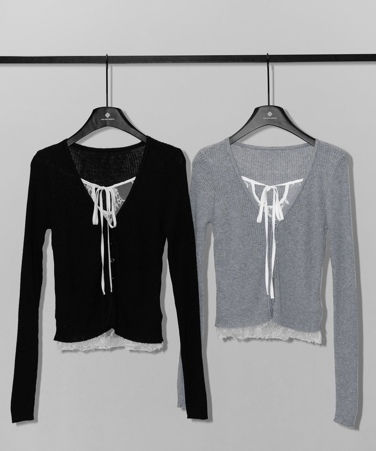 フロントリボンレースレイヤードリブニットカーディガン / front ribbon lace layered lib knit cardigan
