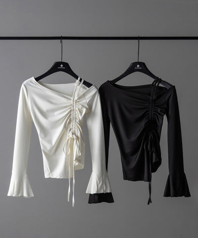 シャーリングリボンスリットワンショルダートップス / shirring ribbon slit one shoulder tops