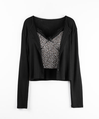 【 2点セット 】ドッキングレースレオパードキャミソール + カーディガン SET / docking lace leopard camisole + cardigan SET
