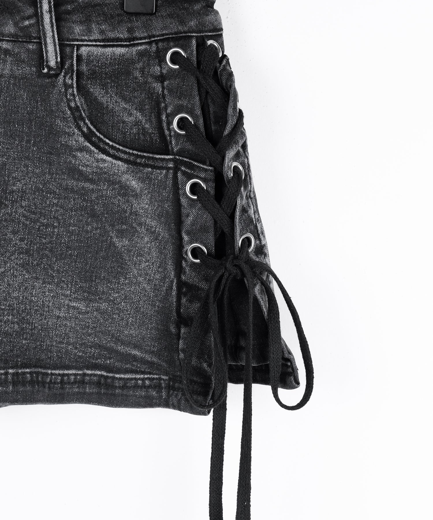 【 インパン裏地付き 】レースアップマイクロデニムミニスカパン / Lace-up micro denim mini skirt pants