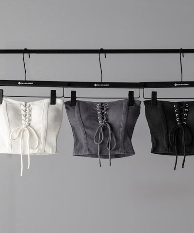 【カップ付き 】レースアップコルセットリボンショートリブベアトップ / laceup corset ribbon short ribbed bare top