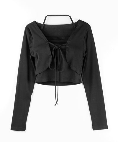 【 2点セット 】フロントリボン長袖ショートカーディガン+ ホルターキャミソール SET / front ribbon longsleeve short cardigan + halter camisole SET