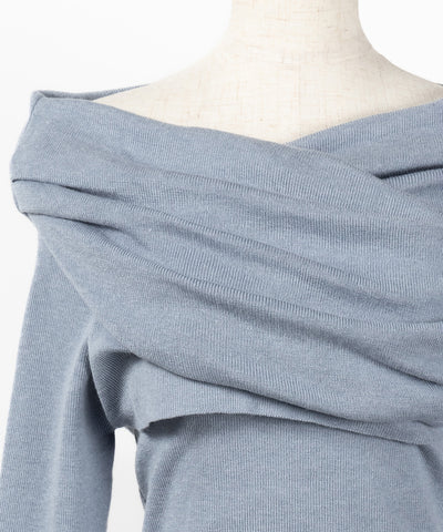 タックデザインドレープオフショルダーリブニット