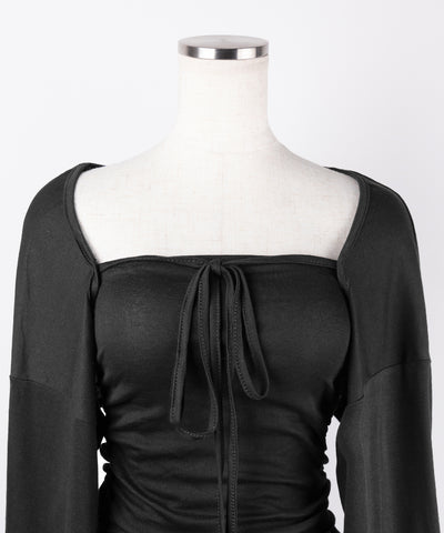 【 2点セット 】シャーリングタイトミニワンピ &フロントリボンショートカーディガン ワンホンセットアップ / shirring tight mini onepiece & front ribbon short cardigan wanghong setup