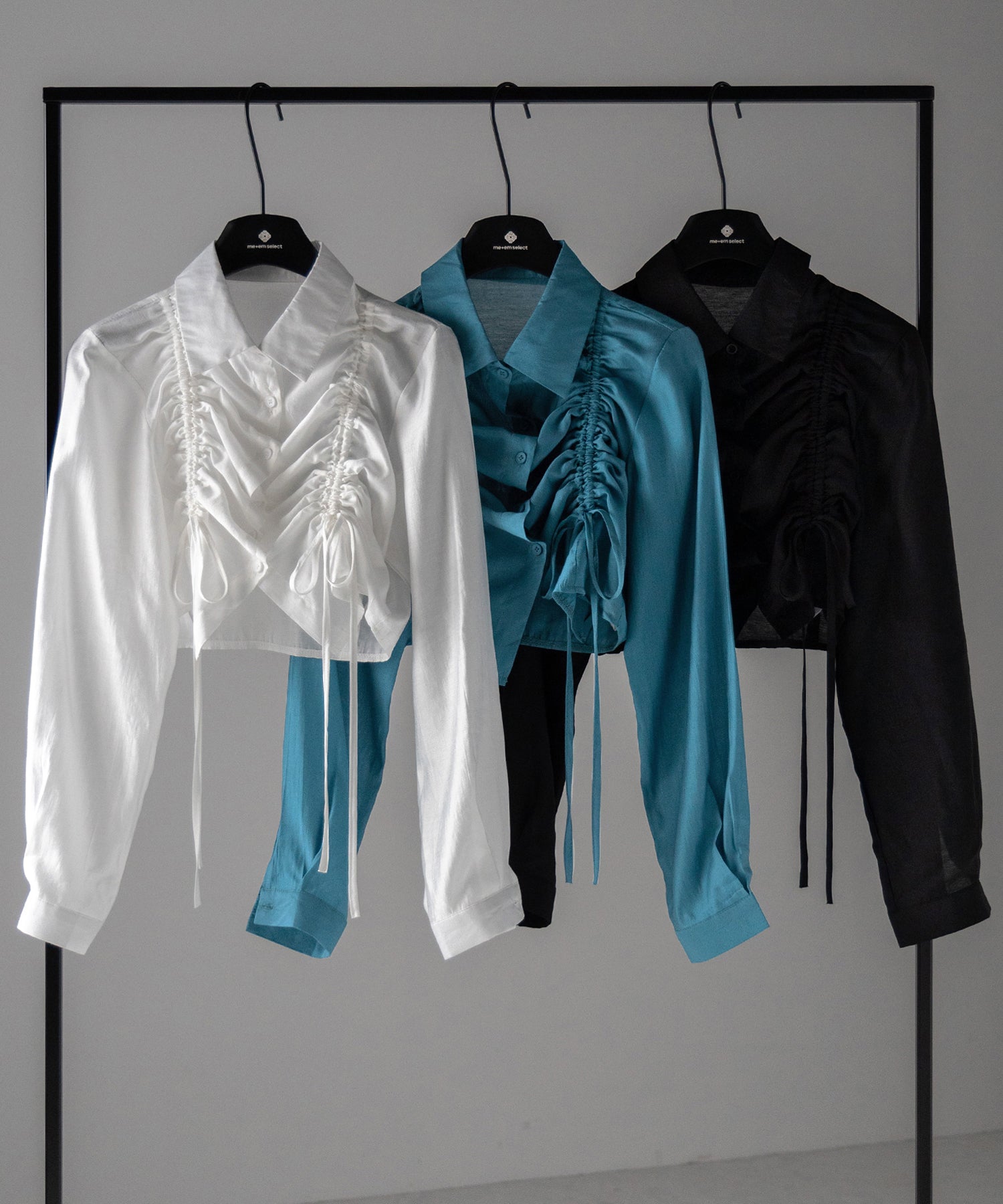 【 3color 】ダブルリボンシャーリングショートシアーシャツ / double shirring ribbon short sheer shirts