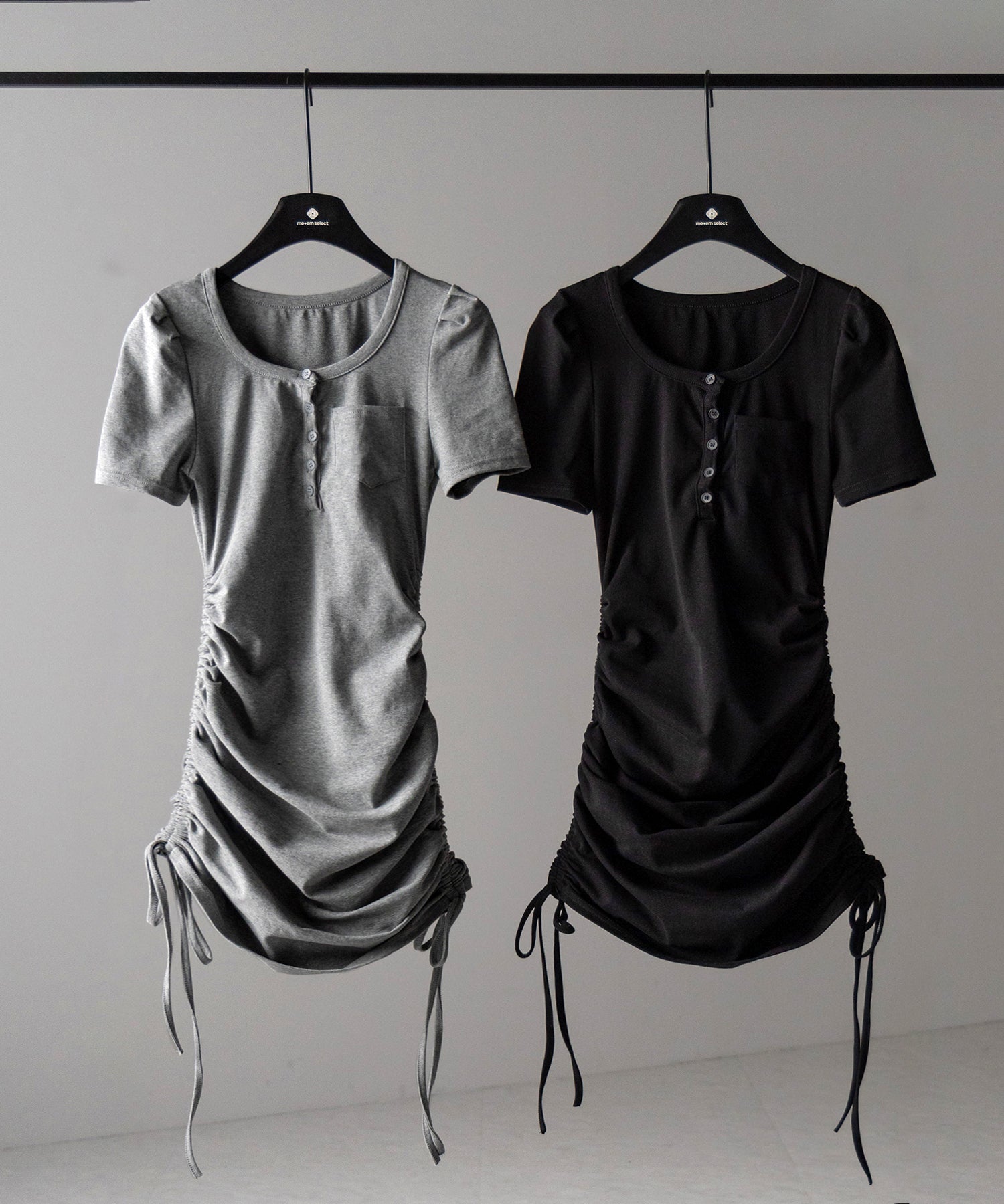 【 2color 】シャーリングリボンヘンリーネックミニワンピース / shirring ribbon henley neck mini onepiece