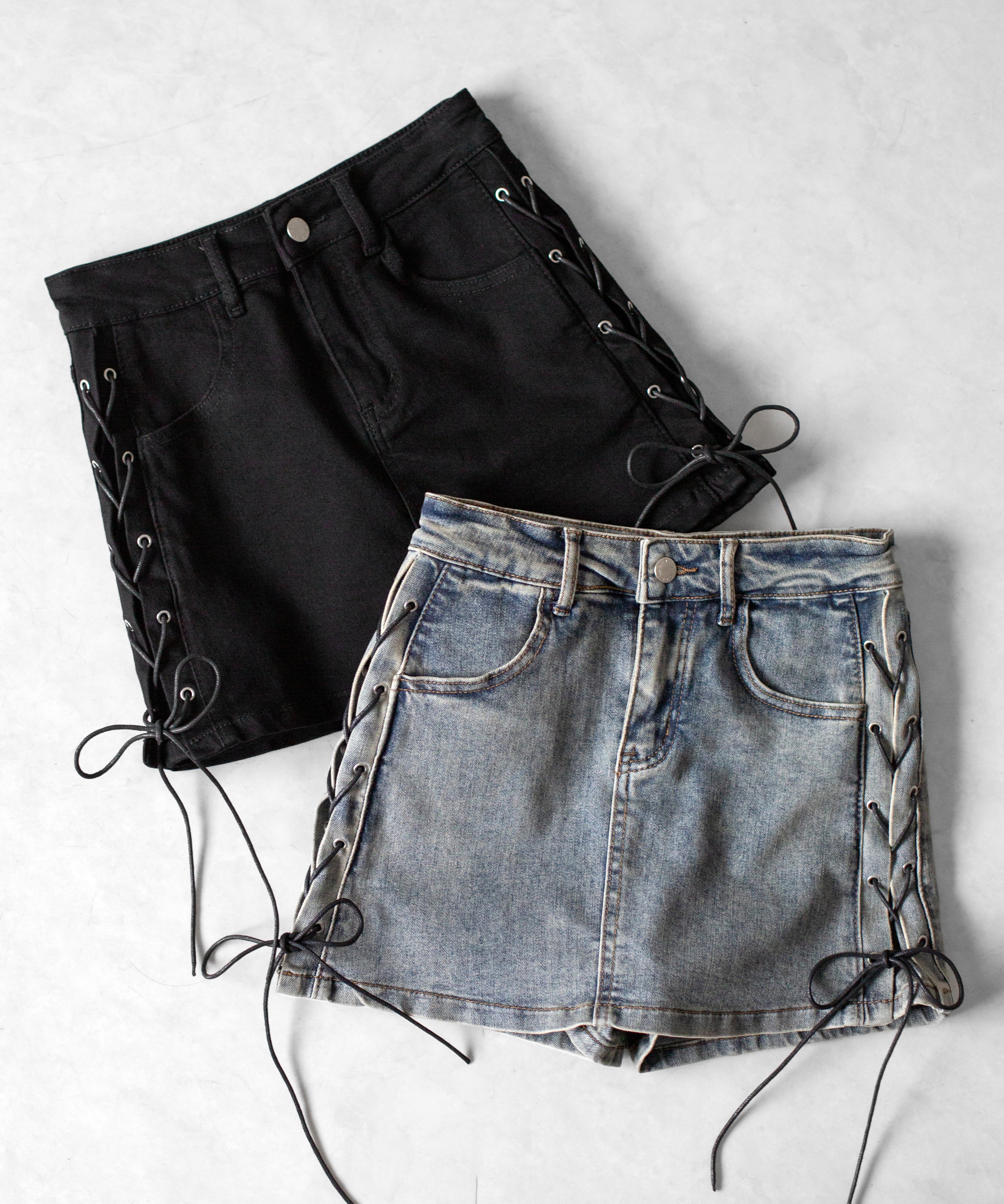 レースアップストレッチデニムミニスカパン / lace up stretch denim mini skirt pants