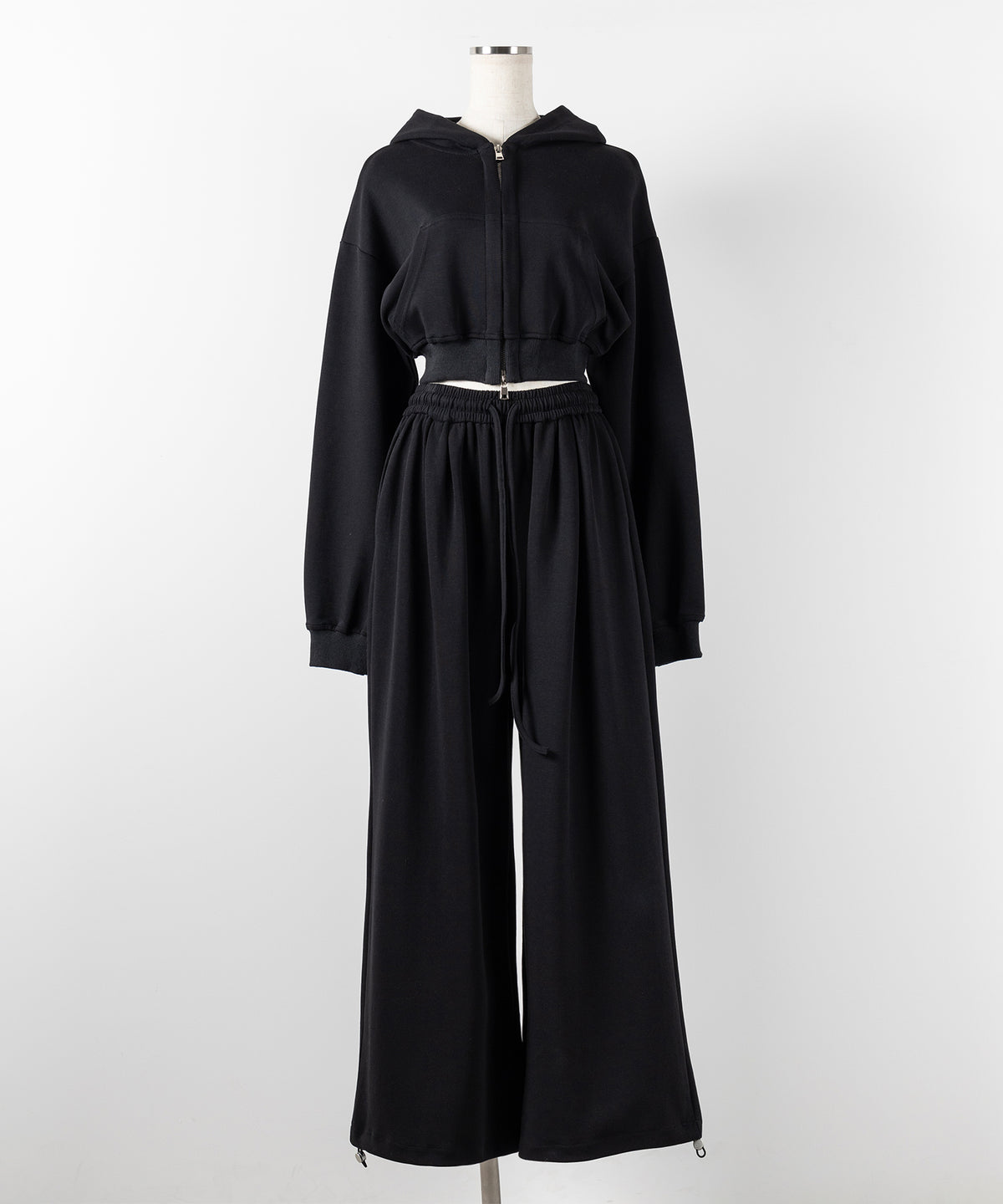 【 セットアップ 】ダブルジップショートパーカー + タックワイドスウェットパンツ SET / double zip short hoodie + tuck wide sweat pants SET