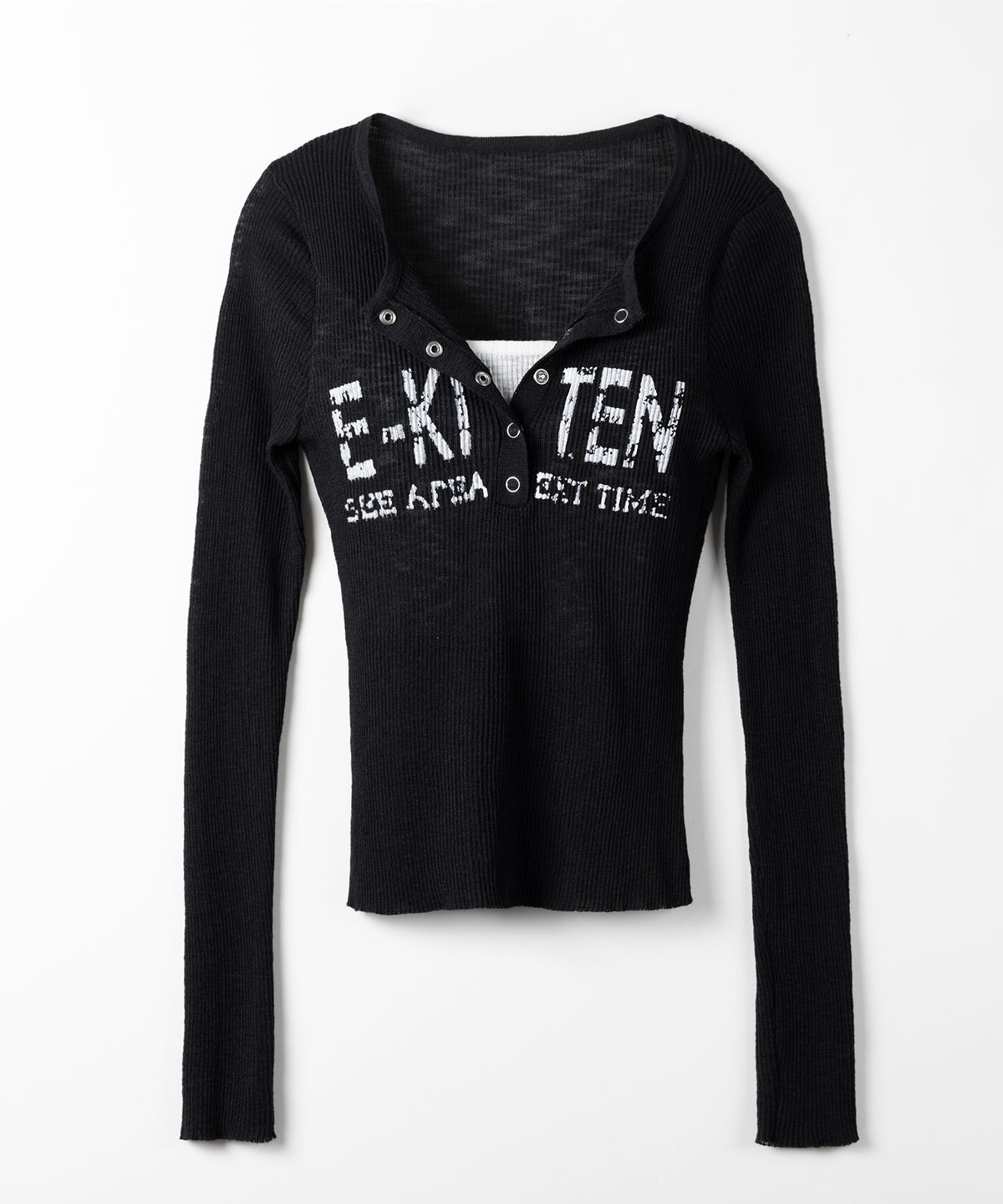ヘンリーネックフェイクレイヤードロゴ長袖シアーニットトップス / henly neck fake layered logo longsleeve sheer rib knit tops