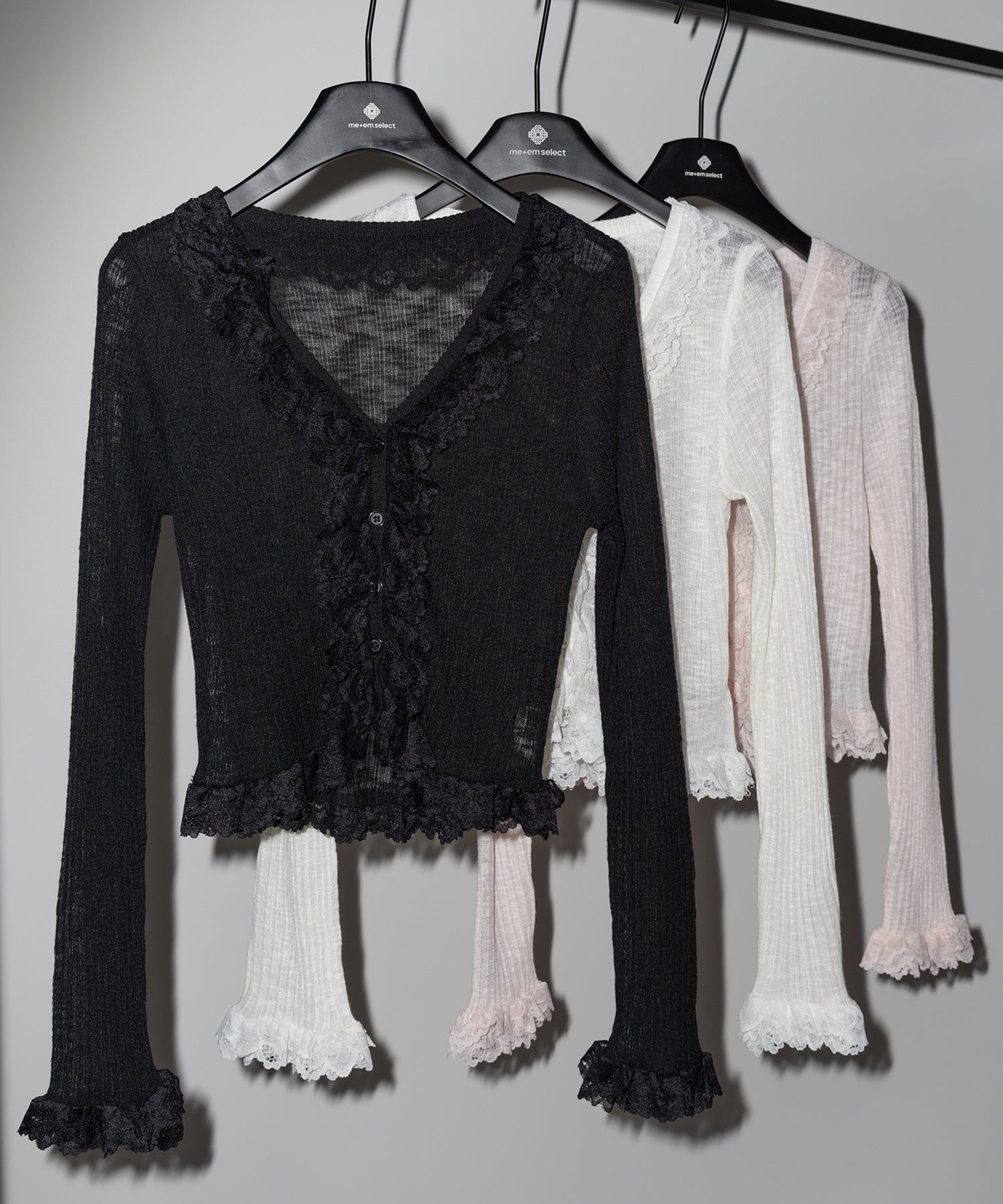 レースフリルシアーニットカーディガン / lace frill sheer knit cardigan