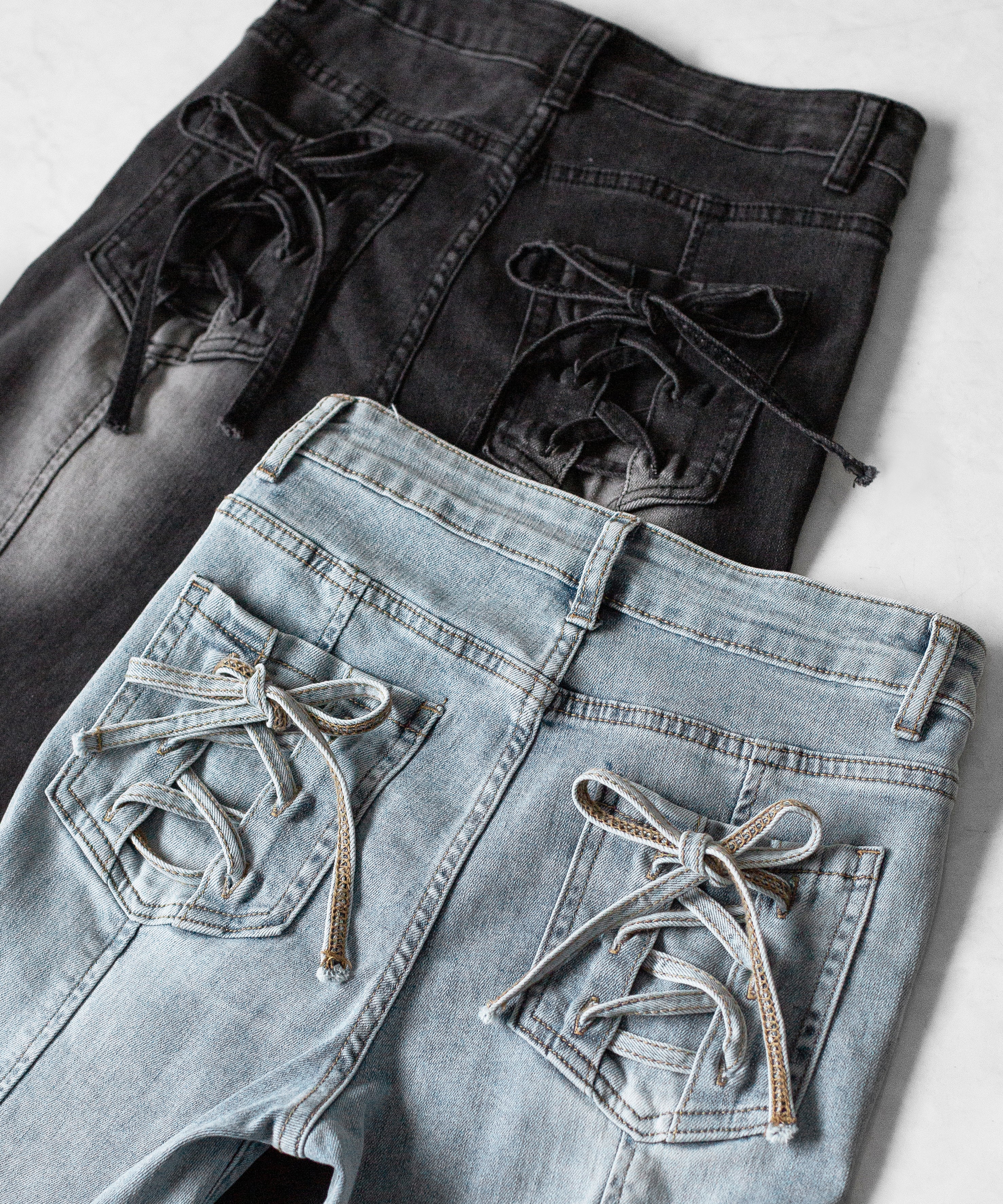 【4size 】バックリボンレースアップ美脚ストレッチフレアデニム / back ribbon lace up slim leg stretch flare denim