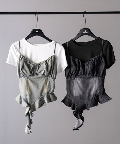 【 2点セット 】ヴィンテージデニムビスチェ & 半袖レイヤードTシャツセット / vintage denim bustier & short sleeve layered T-shirts set