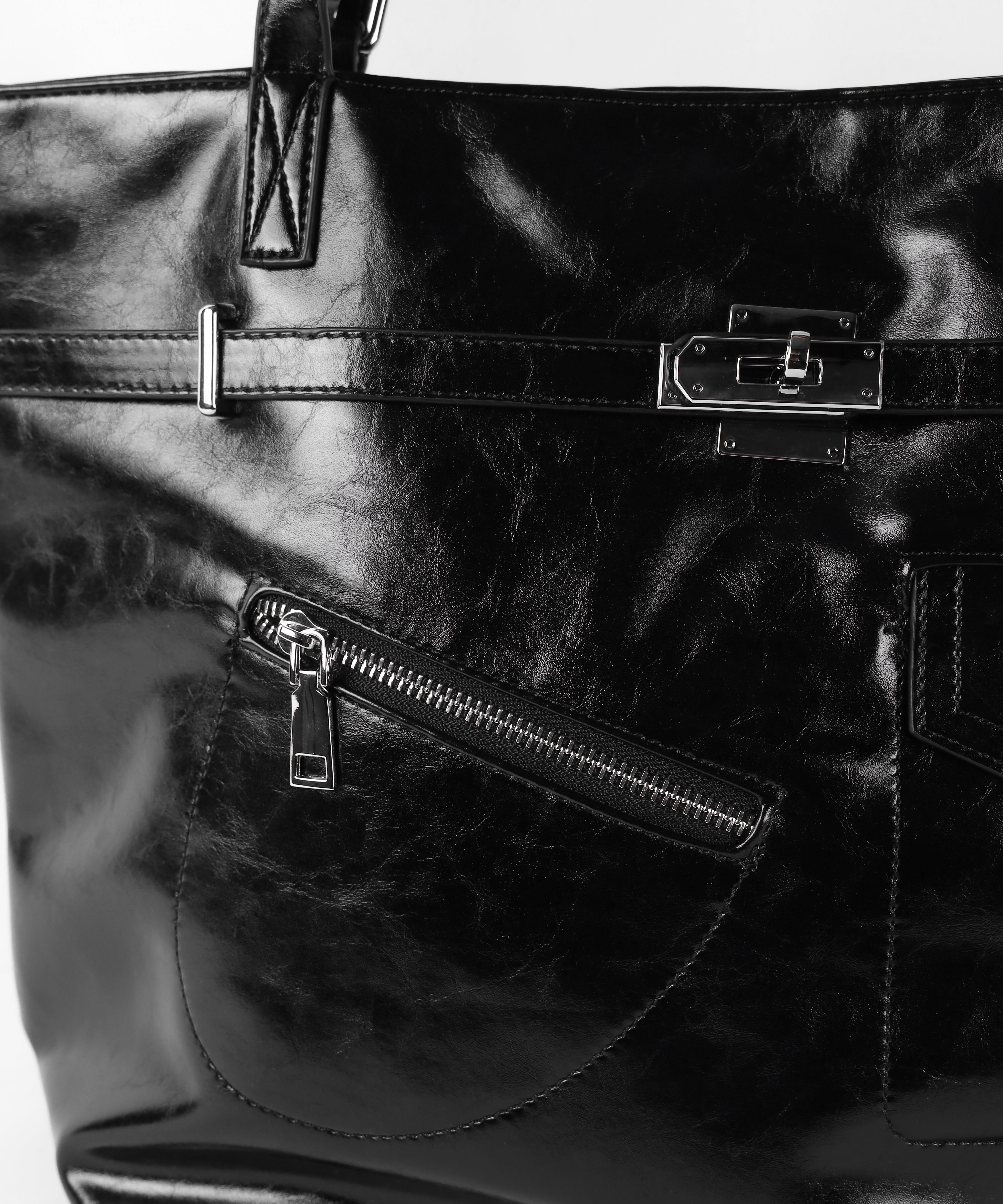 【 A4収納可 】デザインベルトフェイクレザースクエアトートバッグ / design belt fake leather square tote bag