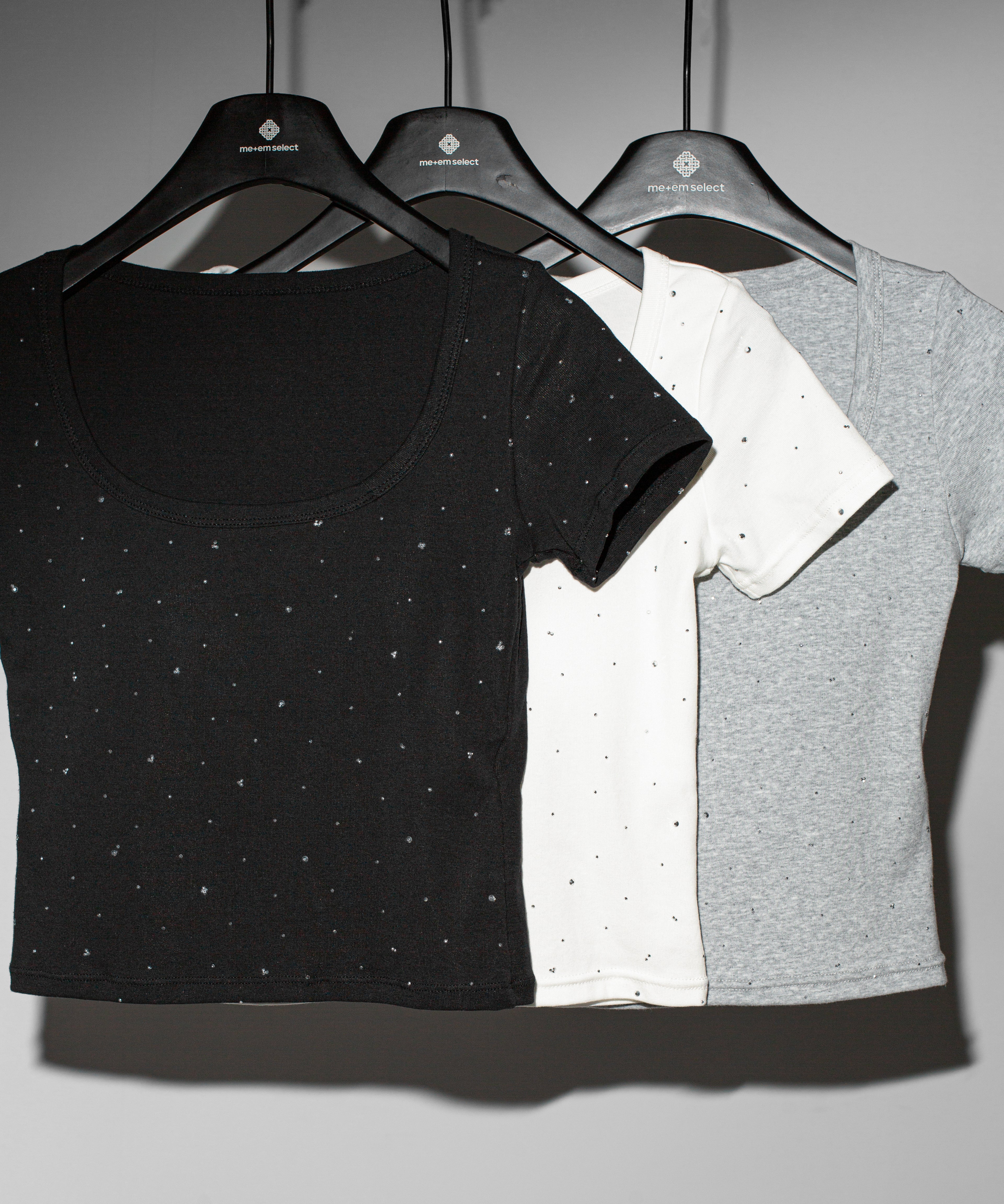 ラインストーンスクエアネックタイトTシャツ /Rhinestone square neck tight T-shirt