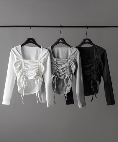 ダブルシャーリングリボンスクエアネックトップス / double shirring ribbon square neck tops