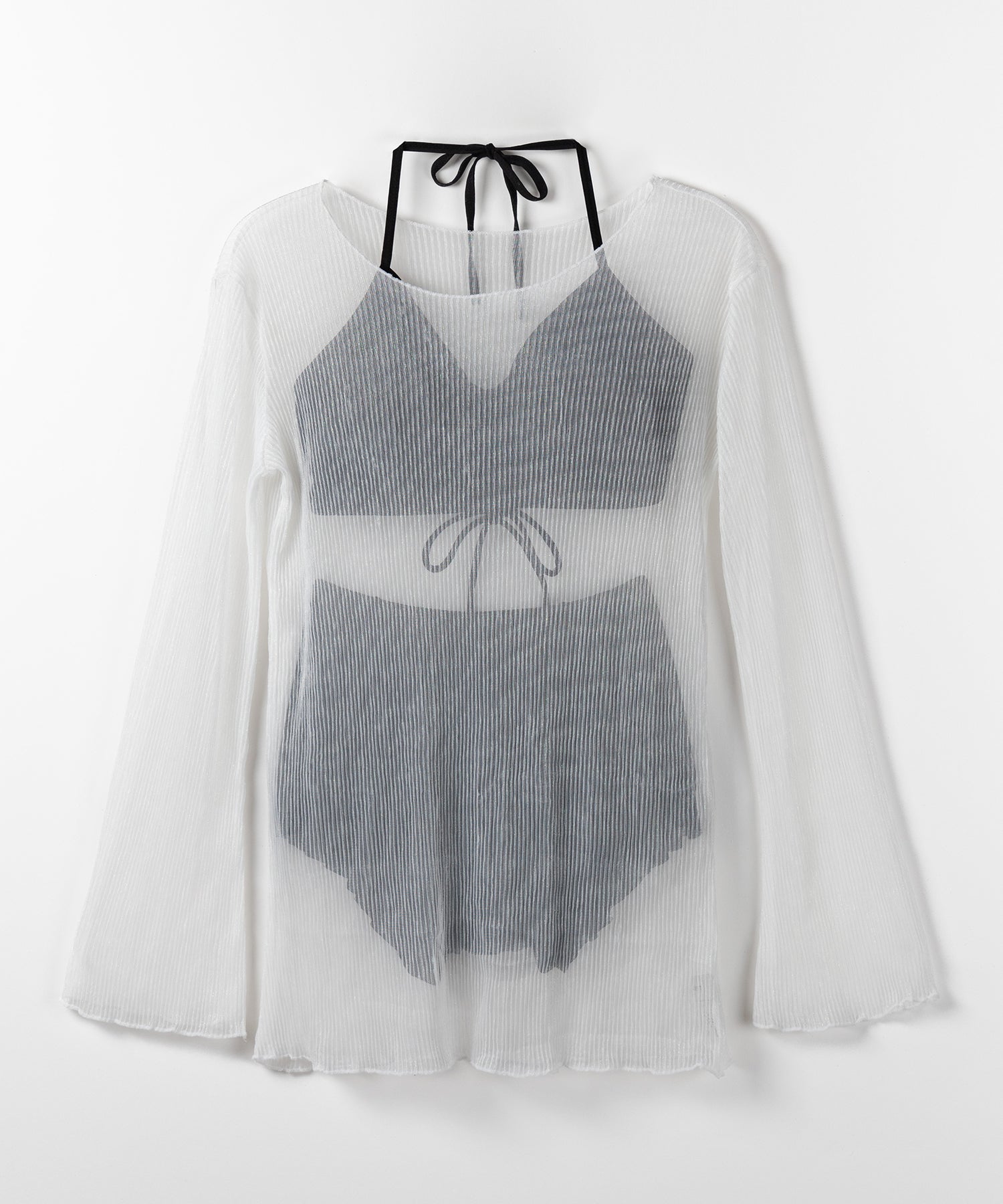 【 レディース水着/3点セット 】シアートップス付き フロントリボンホルターネックハイウエストビキニ / sheer tops set front ribbon halter neck high waist bikini