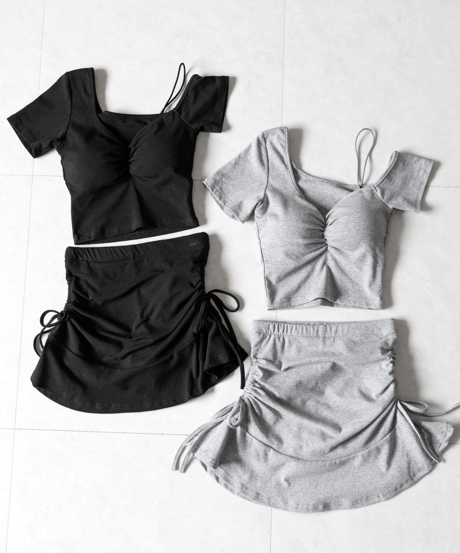 ワンショルギャザートップス + シャーリングリボンスカート SETUP / ( SETUP ) one shoulder gather tops + shirring ribbon skirt SET