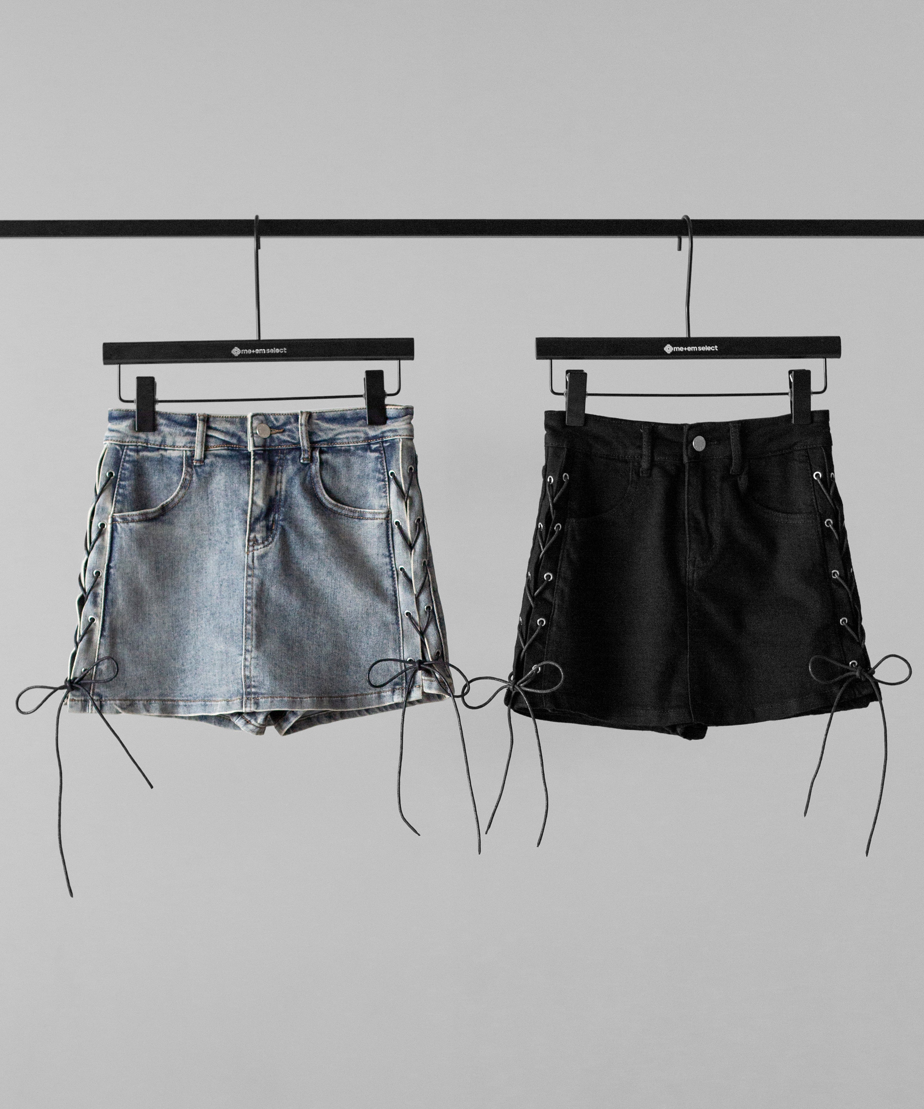 レースアップストレッチデニムミニスカパン / lace up stretch denim mini skirt pants