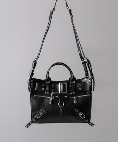 【 ショルダーストラップ付き2WAY 】アイレットベルトジップアップスクエアフォルムハンドバッグ / ( 2WAY ) eyelet belt zipup square form handbag
