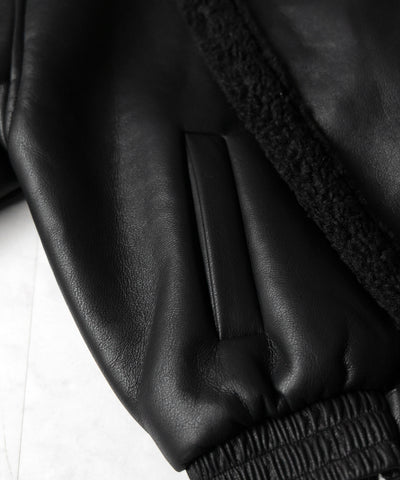 【 2color 】フェイクレザーベルテッドボアムートンジャケット / fake leather belted boa mouton jacket