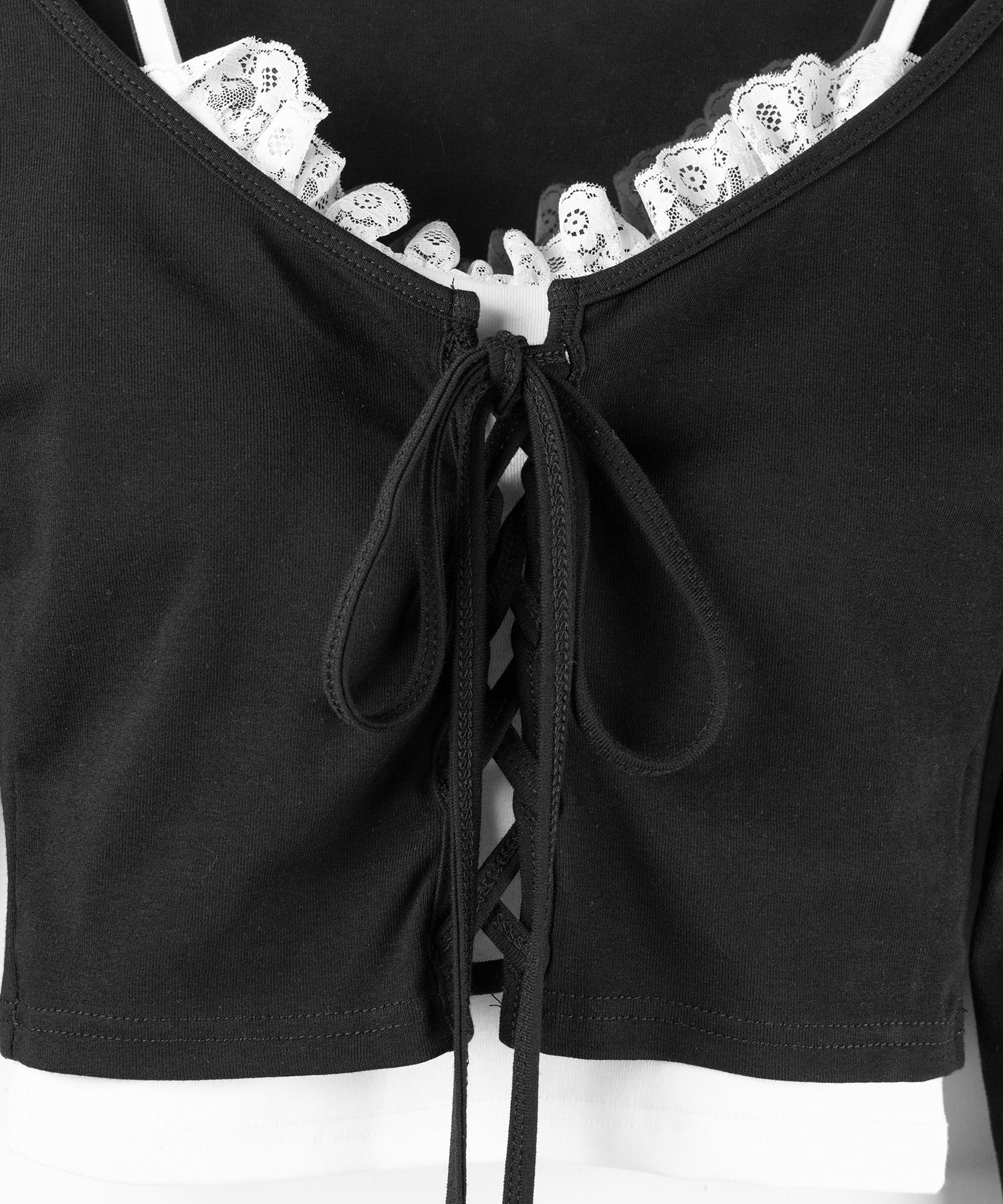 【 新色ピンクが追加!/2点セット 】レースアップリボンショートトップス + レースキャミ SET / lace up ribbon short tops + lace cami SET