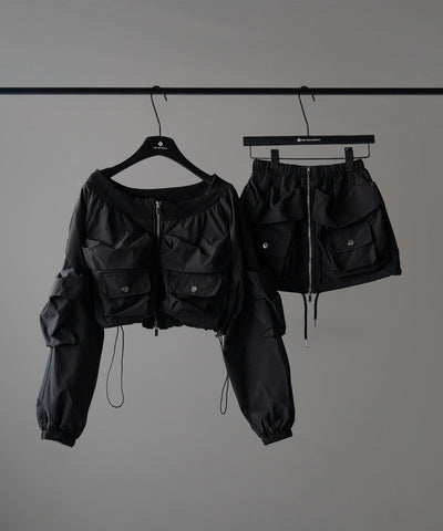 【 セットアップ 】アウトポケットオフショルカーゴブルゾン & ダブルジップカーゴミニスカート SET / out pocket off shoulder cargo blouson & double zip cargo mini skirt SET