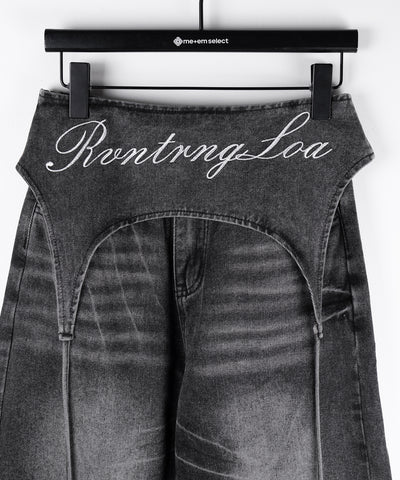 【 2WAY 】レタリングロゴ刺繍ガーターヴィンテージワイドデニム / lettering logo embroidery garter vintage wide denim