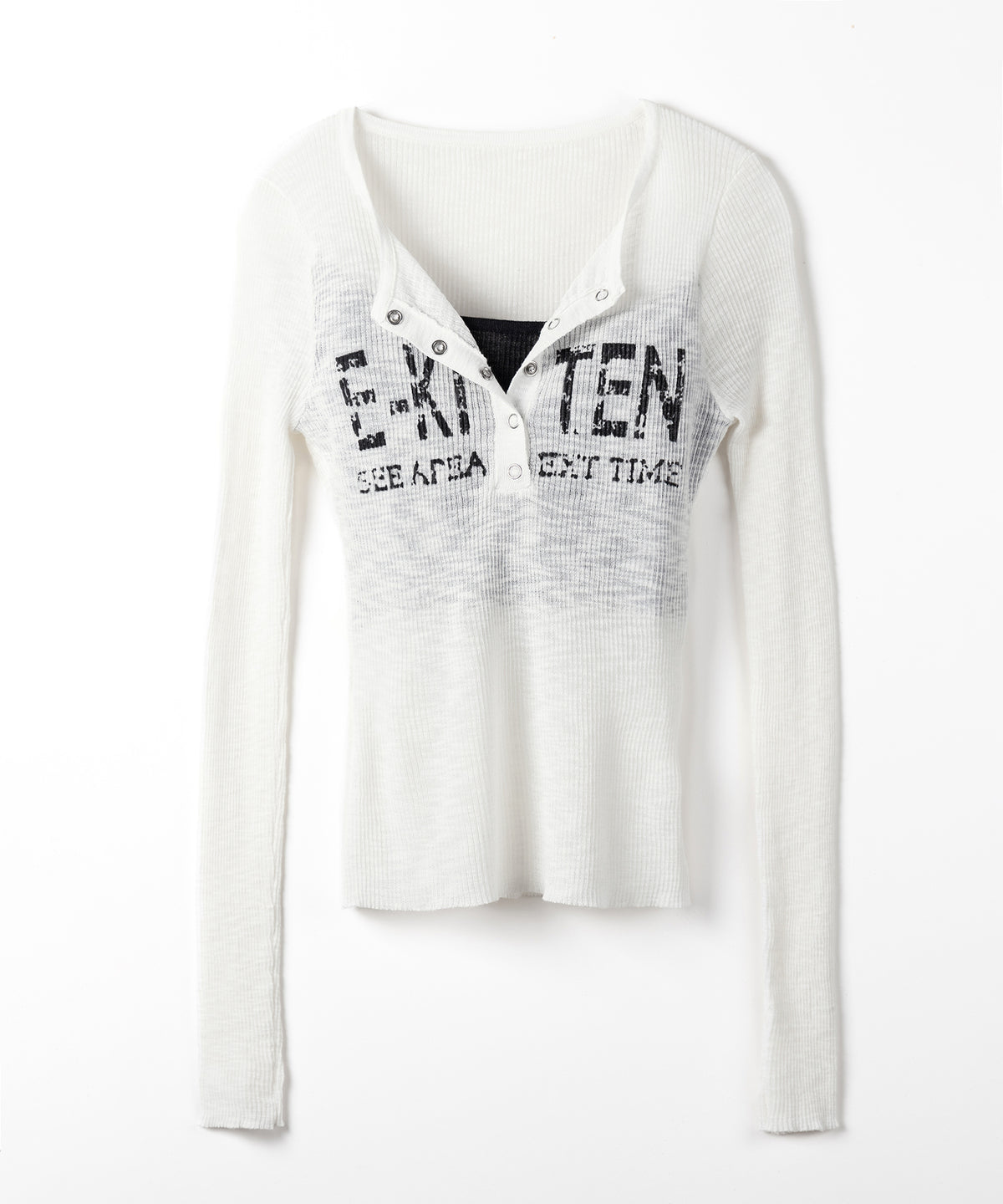 ヘンリーネックフェイクレイヤードロゴ長袖シアーニットトップス / henly neck fake layered logo longsleeve sheer rib knit tops