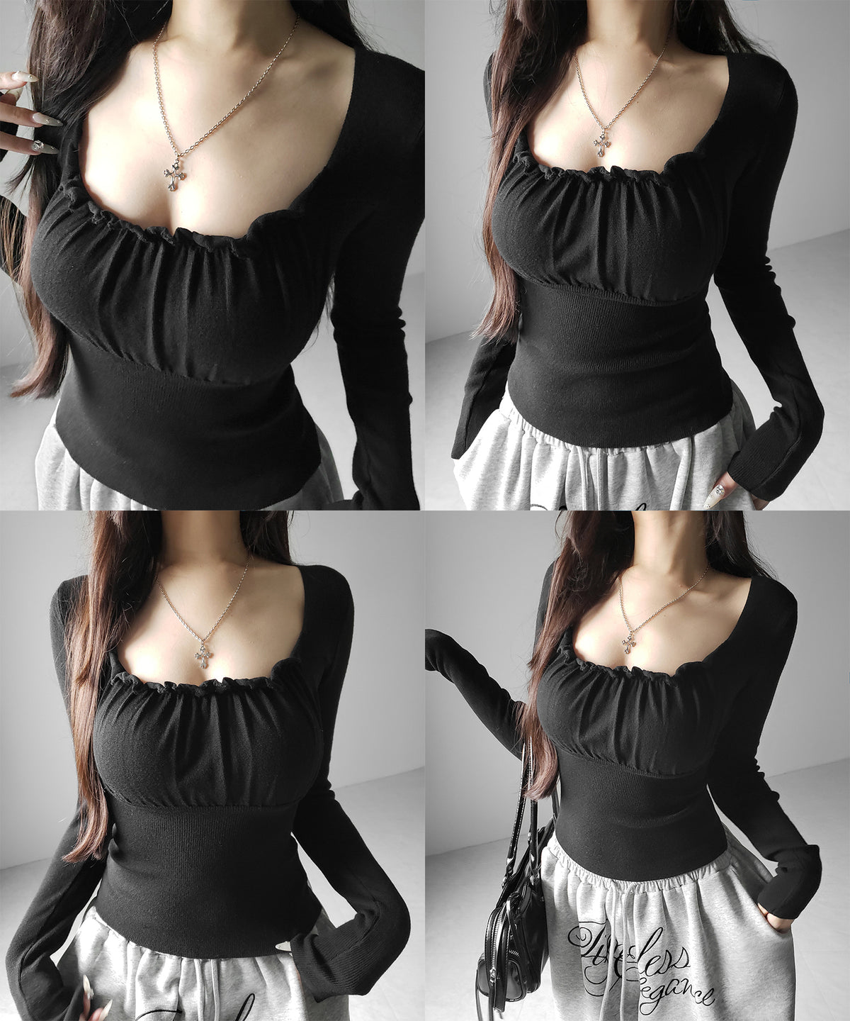 フリルギャザースクエアネック長袖ニットトップス / frill gather square neck longsleeve knit tops