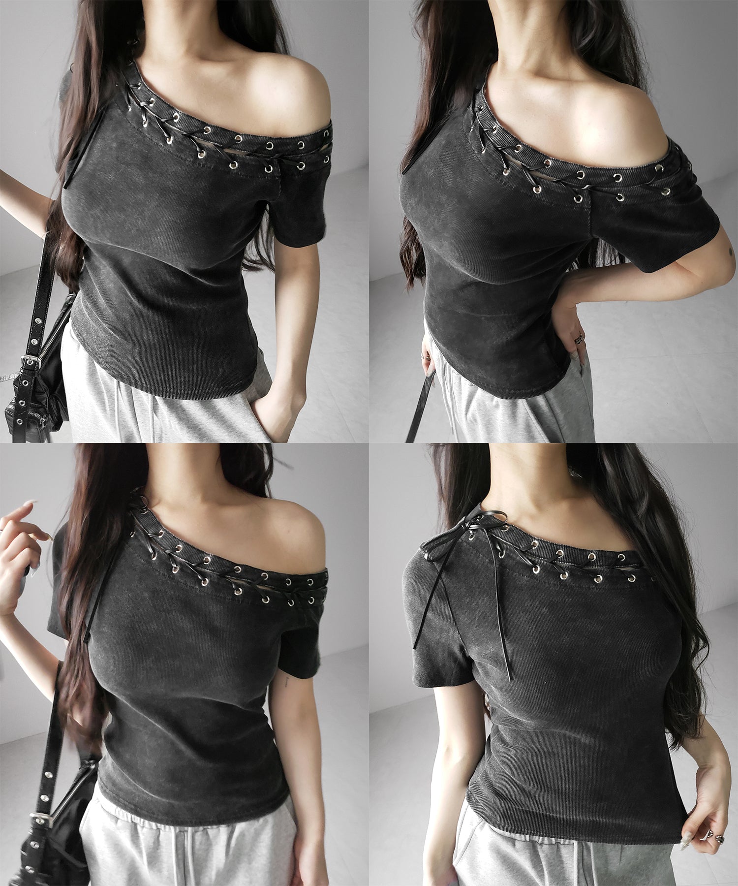 ヴィンテージカットアウトレースアップ半袖ワンショルリブトップス / vintage cutout laceup short sleeve one shoulder lib tops