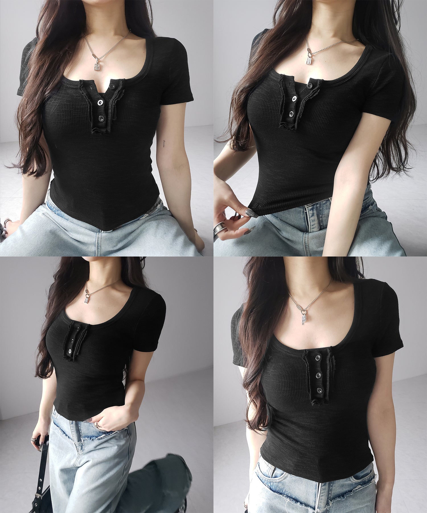 スクエアヘンリーネック半袖ピチTシャツ /square henley neck short sleeve pichi T-Shirt