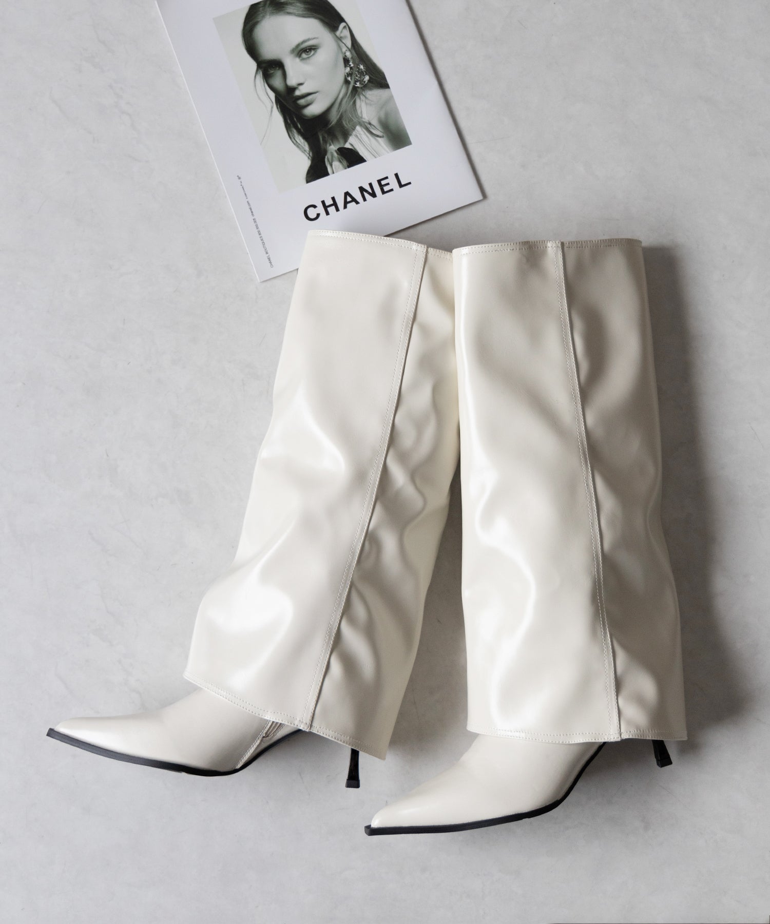 【 2color 】ポインテッドトゥフェイクレザーカバーロングブーツ / pointed toe fake leather covered long boots