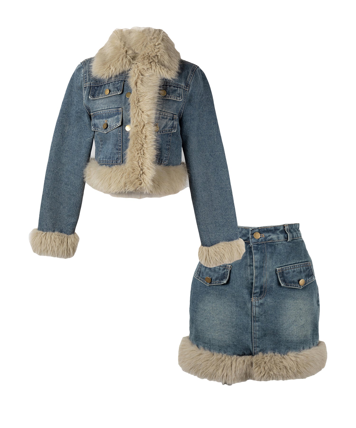 【 セットアップ 】フェイクファーデニムジャケット & ファーミニスカート SETUP / fake fur denim jacket & fur mini skirt
