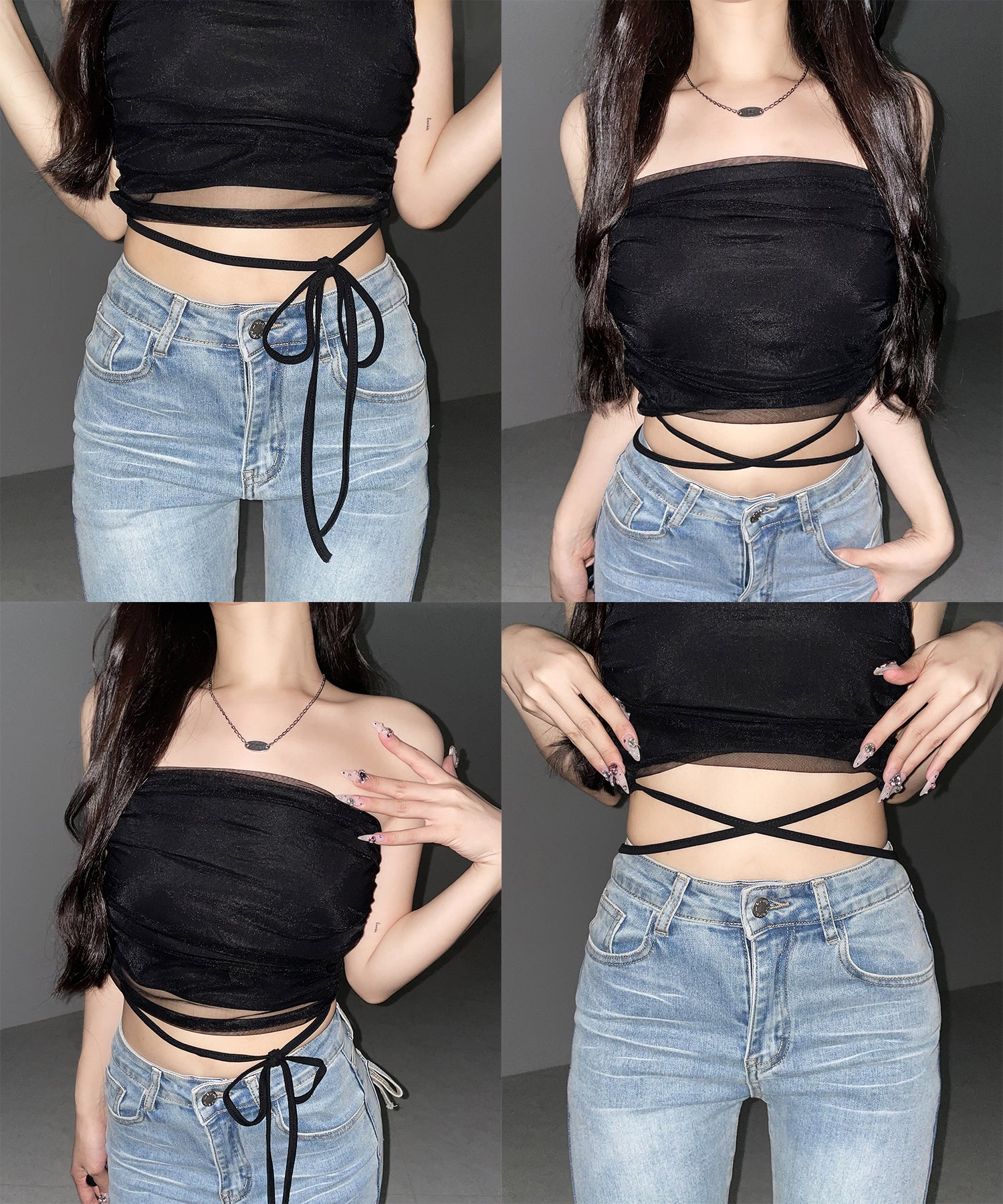 ウエストクロスチュールドッキングベアトップ / waist cross tulle docking bare top