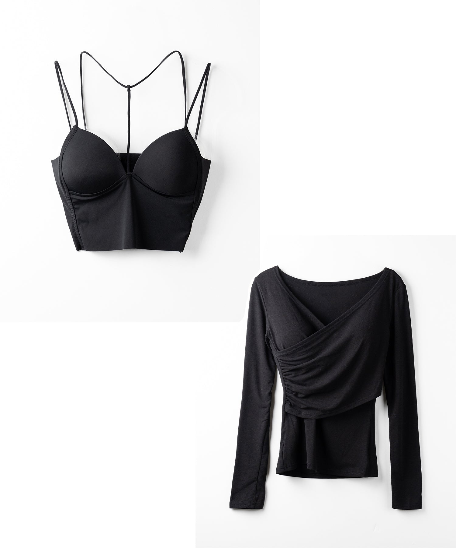 【 2点セット 】Y-ストラップスリムギャザーレイヤードトップス / Y-strap slim gather layered tops