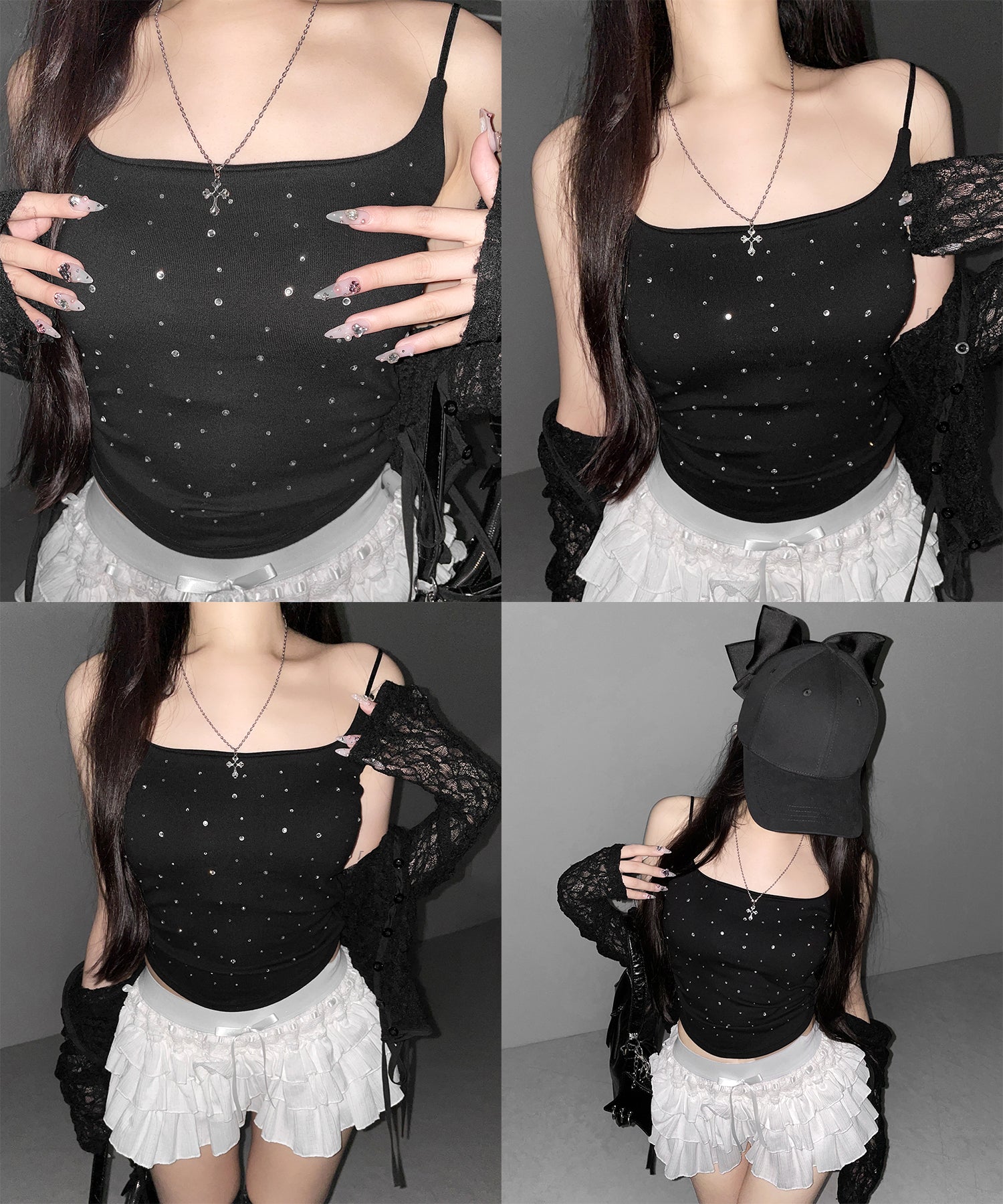 ラインストーンスクエアネックスリムキャミソール / Rhinestone square neck slim camisole